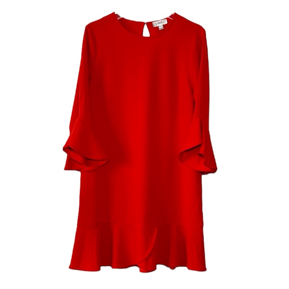 5 Twelve Orange Ponte Flounce Shift Dress with Ruffled Bell Sleeves - Size 8